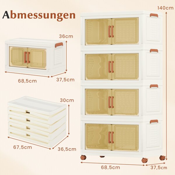 COSTWAY 280L Skládací úložné boxy s víkem, 4 stohovatelné úložné kontejnery s kolečky, organizér do skříně Bílá & Hnědá