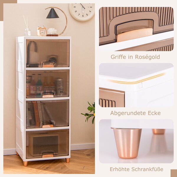 Úložný box COSTWAY 150 l, sada 4 stohovatelných plastových boxů s magnetickými dvířky a dřevěnými nožičkami, 45 x 38 x 117 cm, bílá barva