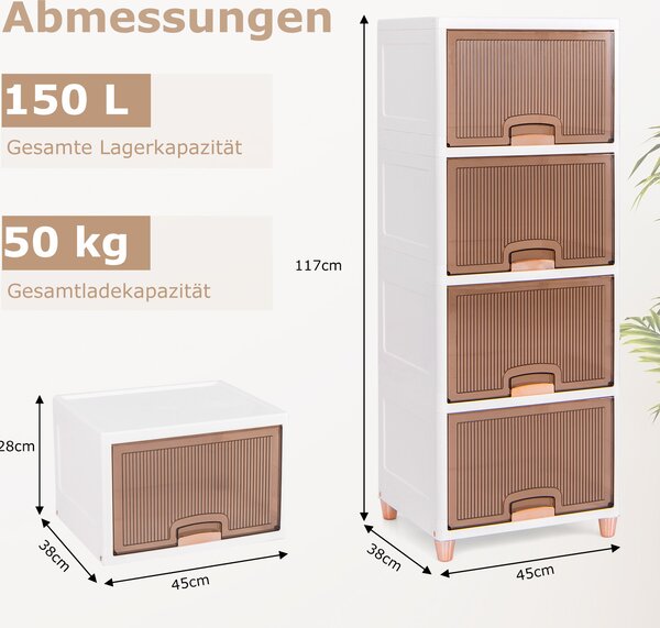 Úložný box COSTWAY 150 l, sada 4 stohovatelných plastových boxů s magnetickými dvířky a dřevěnými nožičkami, 45 x 38 x 117 cm, bílá barva