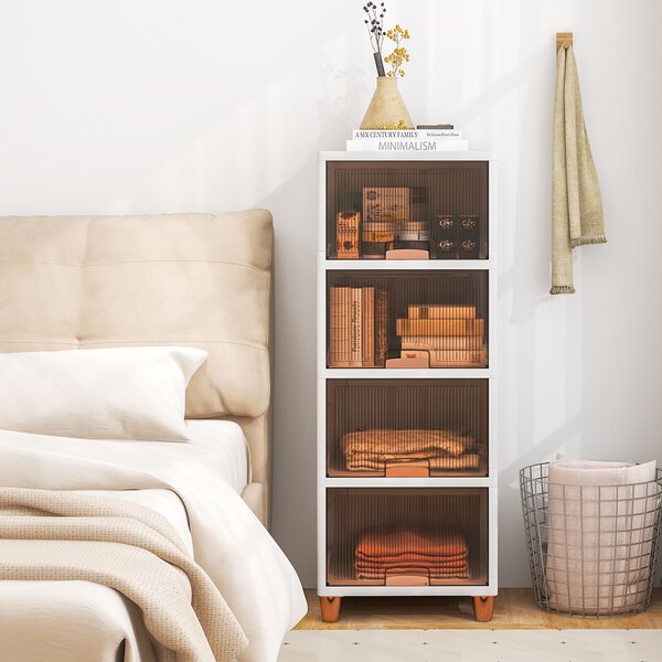 Úložný box COSTWAY 150 l, sada 4 stohovatelných plastových boxů s magnetickými dvířky a dřevěnými nožičkami, 45 x 38 x 117 cm, bílá barva
