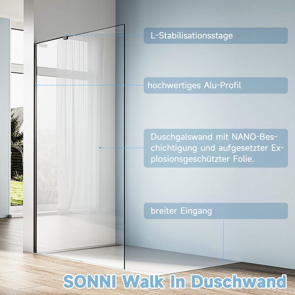 SONNI Sprchová zástěna Walk in černá, 90x200 cm s opěrnou tyčí ve tvaru L, 6mm NANO sklo