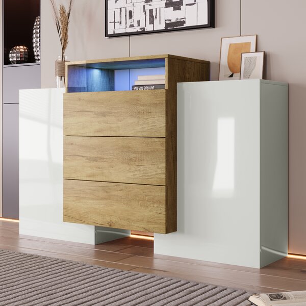 Komoda Fortuna-Lai s LED osvětlením, 140 cm, bílý vysoký lesk a barva dřeva. Nábytek do obývacího pokoje Skříňka do obývacího pokoje Podlahová skříňka
