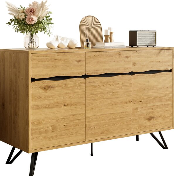 Sweiko 3-dveřový příborník ve vzhledu dřeva s kovovými nohami - Moderní design, spousta úložného prostoru, stabilní a snadno se čistí - Vhodný do obývacího pokoje, jídelny, předsíně