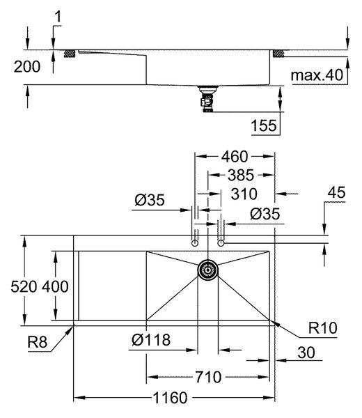 Grohe K1000 ocelový dřez 116x52 cm 31582SD1