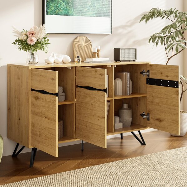 Sweiko 3-dveřový příborník ve vzhledu dřeva s kovovými nohami - Moderní design, spousta úložného prostoru, stabilní a snadno se čistí - Vhodný do obývacího pokoje, jídelny, předsíně