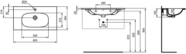 Ideal Standard Tesi umyvadlo 82.5x45 cm obdélníkový klasický-nábytkový-s pultem bílá lesk T350901