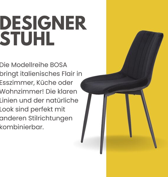Albatros BOSA sametová židle černá - sada 2 jídelních židlí v moderním retro designu, čalouněná a ergonomická, potah testovaný DEKRA, snadná údržba