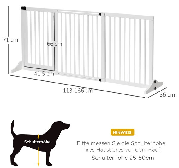 PawHut Pet Gate - Retrakční bezpečnostní brána pro psy, dřevěná samostatná brána s dveřmi, konfigurabilní brána pro krby a sporáky, bílá 113-166 x 36