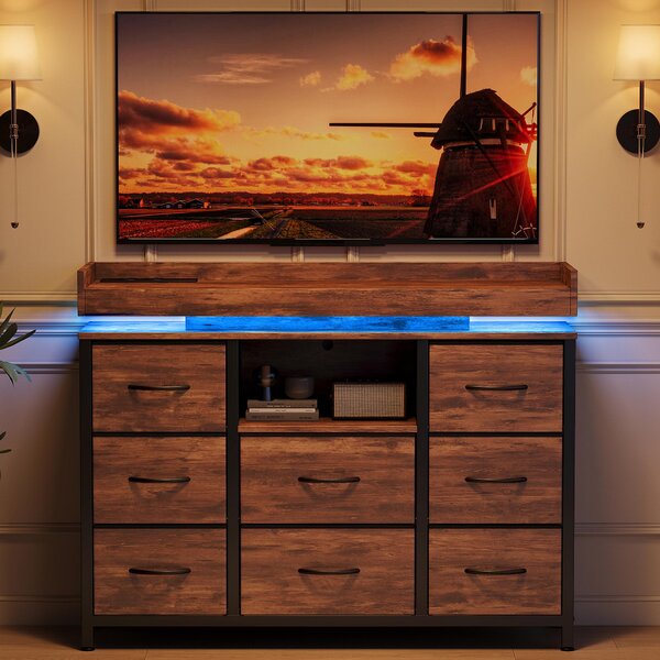 Komoda ProximaX v imitaci dřeva s 8 zásuvkami, dobíjecí stanicí a RGB LED osvětlením, látkovými zásuvkami, ochranou proti převrácení, robustním ocelovým rámem, skříňka pod televizi do obývacího pokoje a ložnice, 108 x 30 x 82 cm