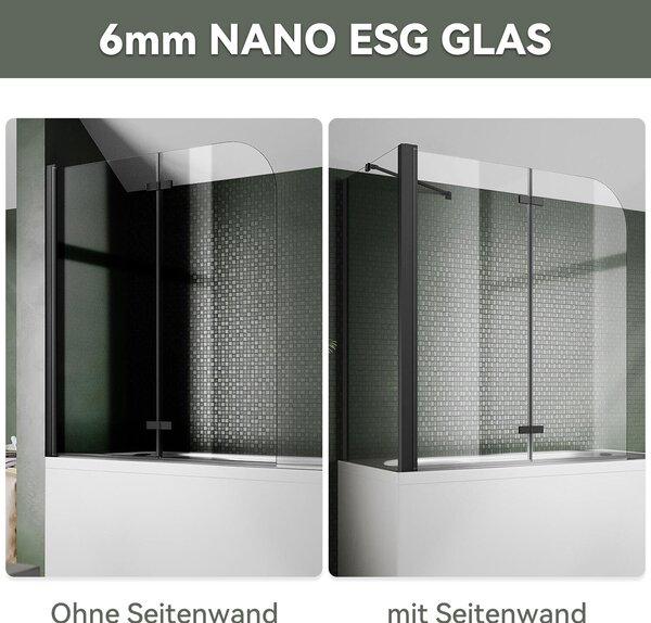 SONNI nástavec na vanu 120x140cm dvoudílná skládací zástěna Skládací sprchová zástěna s bočním panelem NANO 6mm sklo Černá sprchová zástěna