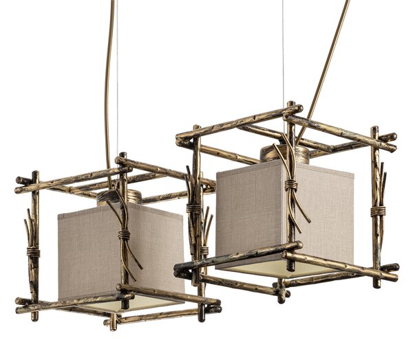Light for home - Závěsný lustr s dvěma stínítky 16702 "SAVANNA CUBO", 2x40W, E27, hnědá, zlatá, světle zelená