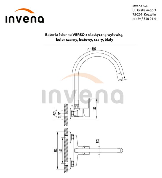 Invena Verso, nástěnná kuchyňská baterie 150mm s elastickým ramenem, černá matná, INV-BC-82-E44-L