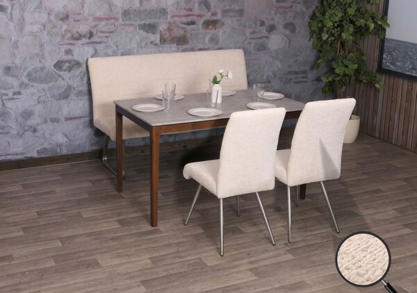 Jídelní set HWC-G55, sada 2 židlí + lavice 160 cm, broušená nerezová ocel, látka/textilní šenil krémová