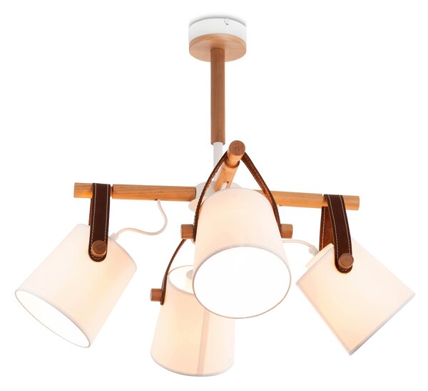 Light for home - Lustr 60404 "RIONI"v bílém provedení s koženými řemínky a bílými textilními stínítky, 4x40W, E27, bílá, přírodní olše, hnědá kůže