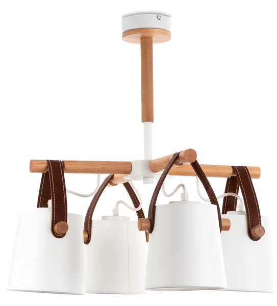 Light for home - Lustr 60404 "RIONI"v bílém provedení s koženými řemínky a bílými textilními stínítky, 4x40W, E27, bílá, přírodní olše, hnědá kůže
