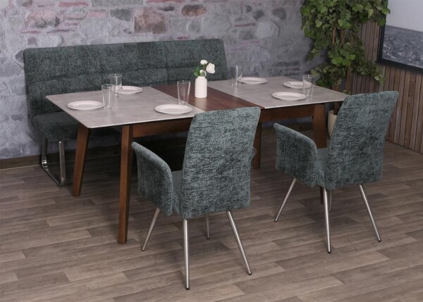 Jídelní set HWC-G55, sada 2 židlí s područkami + lavice 180 cm, broušená nerezová ocel, tkanina/textilní šenil modrozelená barva