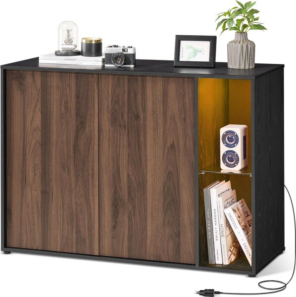 SONGMICS HOME Superrychlá montáž bez použití nářadí, příborník s osvětlením, sada 2 úložných skříněk, TV skříňka, skleněná police, beznástrojová technologie