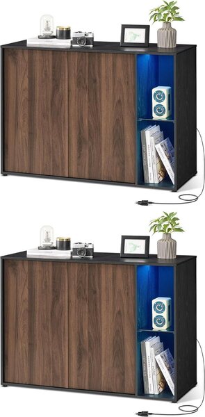 SONGMICS HOME Superrychlá montáž bez použití nářadí, příborník s osvětlením, sada 2 úložných skříněk, TV skříňka, skleněná police, beznástrojová technologie