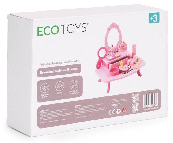 Dřevěný toaletní stolek pro děti se zrcadlem a zásuvkou 7 doplňků ECOTOYS