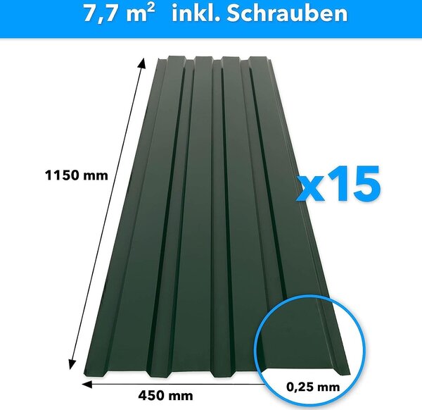 15 kusů trapézového plechu 115x45 cm profilový plech SET včetně 100 šroubů 7,7 m² zelená