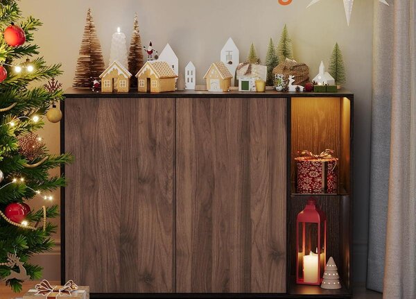 SONGMICS HOME Superrychlá montáž bez použití nářadí, příborník s osvětlením, sada 2 úložných skříněk, TV skříňka, skleněná police, beznástrojová technologie