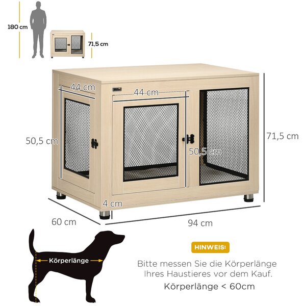 PawHut Psí klec do bytu, psí přepravka se 2 dveřmi, pratelný polštář, psí dům s nastavitelnými nohami a zámkem, pro velké psy do 30 kg, dub, 94 x 60 x