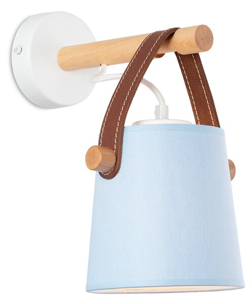 Light for home - Nástěnné svítidlo se světle modrým stínítkem a originálním koženým řemínkem 60201 "RIONI", 1x40W, E27, bílá, přírodní olše, hnědá kůže