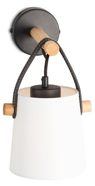 Light for home - Nástěnné svítidlo s koženým řemínkem a stínítkem v bílém provedení 60201 "RIONI", 1x40W, E27, černá, přírodní olše, černá kůže