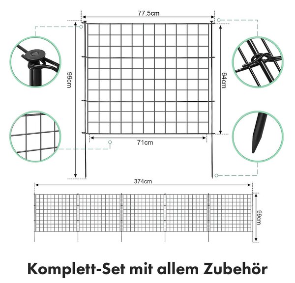 Síťový plot šedý, 5dílná kovová zásuvná sada, zahradní plot, plot pro psy, rozšiřitelný pro zahradu, jezírko a zvířata, Pablo