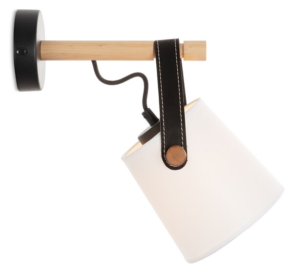 Light for home - Nástěnné svítidlo s koženým řemínkem a stínítkem v bílém provedení 60201 "RIONI", 1x40W, E27, černá, přírodní olše, černá kůže