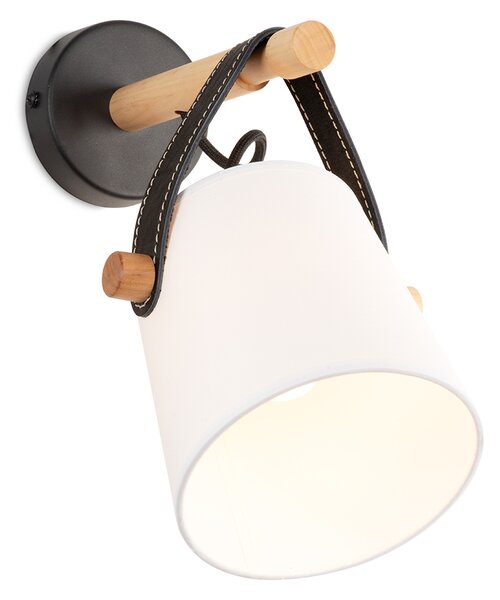 Light for home - Nástěnné svítidlo s koženým řemínkem a stínítkem v bílém provedení 60201 "RIONI", 1x40W, E27, černá, přírodní olše, černá kůže