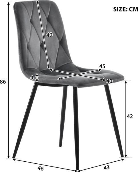 Sweiko jídelní židle (4 ks), tmavě šedá, sada 4 čalouněných židlí designová židle, keprová sametová jídelní židle, kuchyňská židle s opěradlem, sametový sedák, kovový rám, kovové nohy