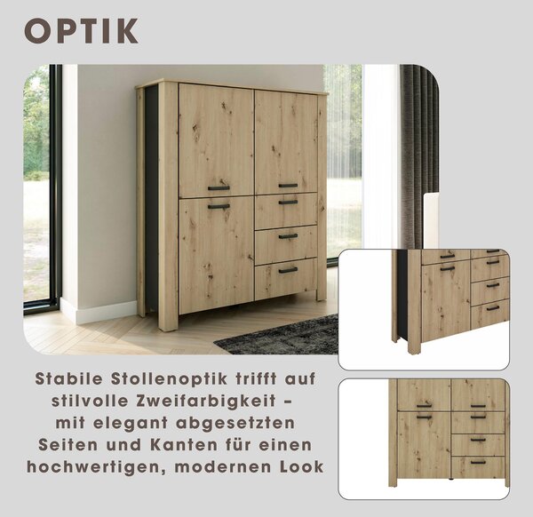 ByLIVING Highboard FARO / Vzhled dubu Artisan, černá horní deska / Vzhled s hroty / 3 dvířka a 3 zásuvky / Nastavitelné police / Spousta úložného prostoru / Příborník / Komoda / Rozměry: š 160, v 84, hl 40 cm