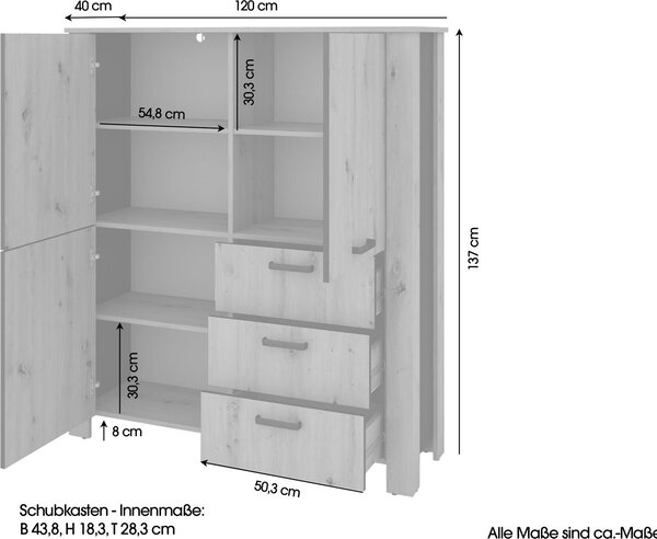 ByLIVING Highboard FARO / Vzhled dubu Artisan, černá horní deska / Vzhled s hroty / 3 dvířka a 3 zásuvky / Nastavitelné police / Spousta úložného prostoru / Příborník / Komoda / Rozměry: š 160, v 84, hl 40 cm