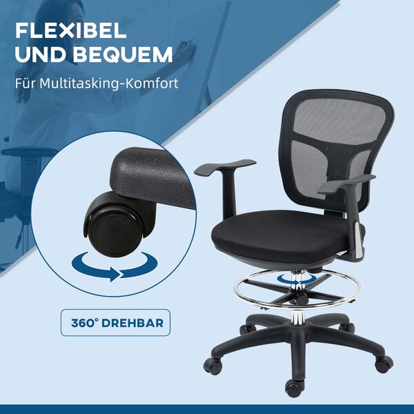 Vinsetto Kancelářská židle, Ergonomická kreslící židle, počítačová židle s výškou 95-115 cm s opěrkami, židle k pracovnímu stolu s opěrkou nohou, otoč