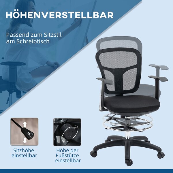 Vinsetto Kancelářská židle, Ergonomická kreslící židle, počítačová židle s výškou 95-115 cm s opěrkami, židle k pracovnímu stolu s opěrkou nohou, otoč