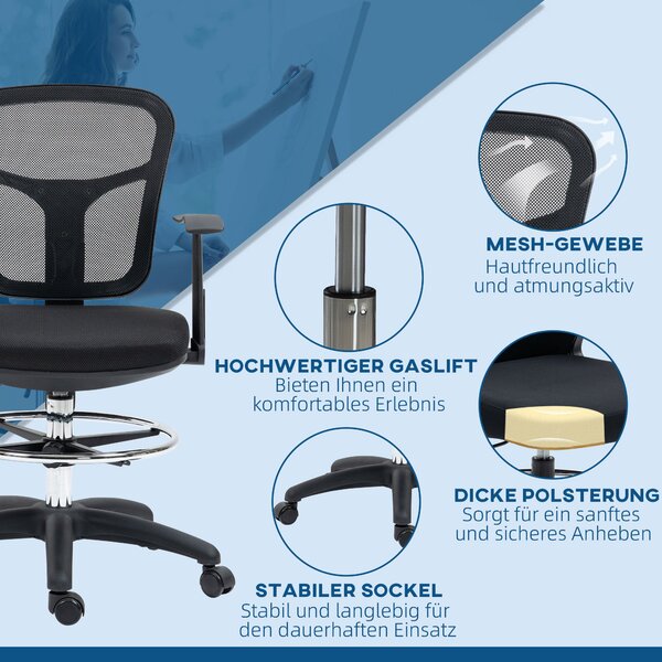 Vinsetto Kancelářská židle, Ergonomická kreslící židle, počítačová židle s výškou 95-115 cm s opěrkami, židle k pracovnímu stolu s opěrkou nohou, otoč