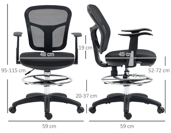 Vinsetto Kancelářská židle, Ergonomická kreslící židle, počítačová židle s výškou 95-115 cm s opěrkami, židle k pracovnímu stolu s opěrkou nohou, otoč