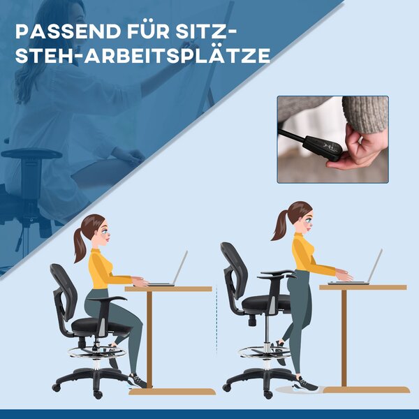 Vinsetto Kancelářská židle, Ergonomická kreslící židle, počítačová židle s výškou 95-115 cm s opěrkami, židle k pracovnímu stolu s opěrkou nohou, otoč
