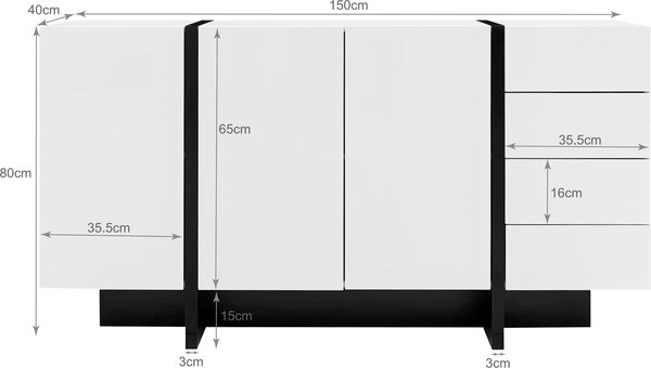 Komoda Fortuna Lai ve vysokém lesku bílá, příborník se 4 zásuvkami a 2 dvířky, skříňka do obývacího pokoje ve vysokém lesku, 150 x 40 x 80 cm