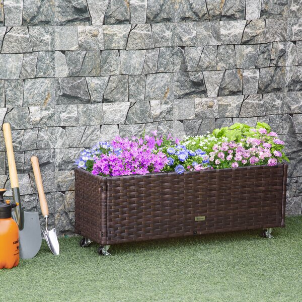 Zvednutý záhon Outsunny z poly ratanového materiálu s kolečky a odvodňovacími otvory, květináč Kávově hnědá 94,5 x 31 x 36 cm | Aosom