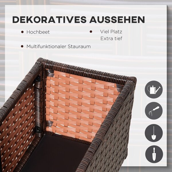Zvednutý záhon Outsunny z poly ratanového materiálu s kolečky a odvodňovacími otvory, květináč Kávově hnědá 94,5 x 31 x 36 cm | Aosom