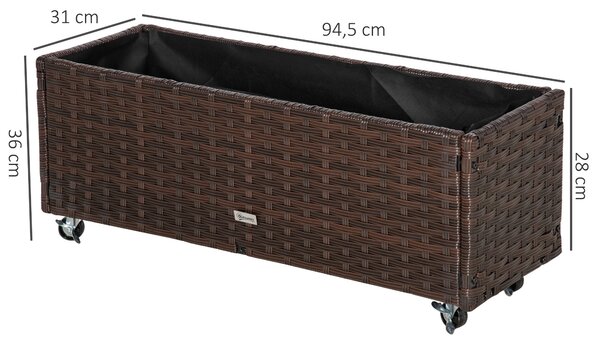 Zvednutý záhon Outsunny z poly ratanového materiálu s kolečky a odvodňovacími otvory, květináč Kávově hnědá 94,5 x 31 x 36 cm | Aosom