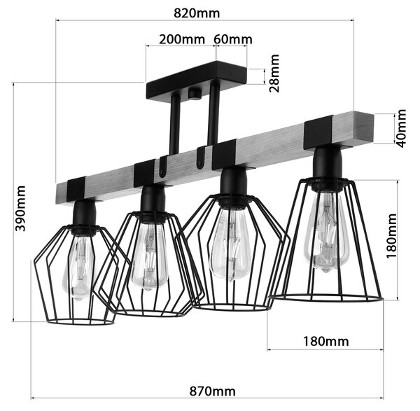 Light for home - Lustr na tyči 20955 "CAMEROON", 4x60W, E27, černá, přírodní olše