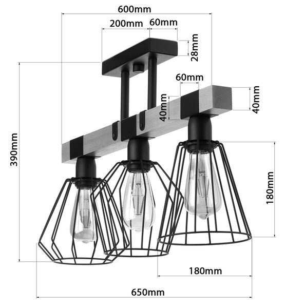 Light for home - Lustr přisazený ke stropu na tyči 20966 "CAMEROON", 3x60W, E27, černá, přírodní olše