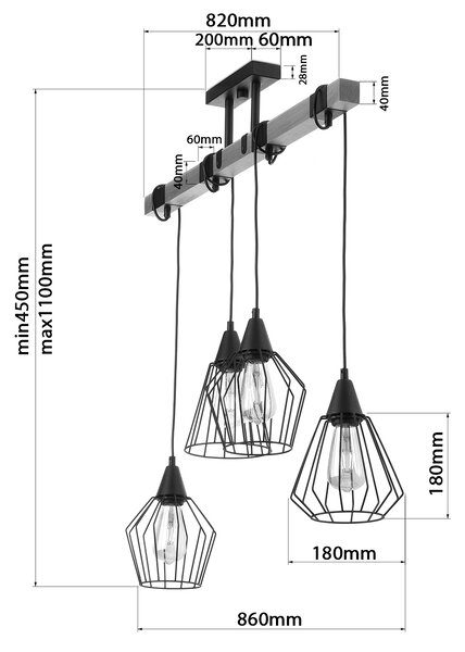 Light for home - Závěsné svítidlo na lankách 20411 "CAMEROON", 4x60W, E27, černá, přírodní olše