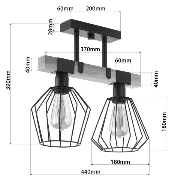 Light for home - Lustr přisazený ke stropu na tyči 15609 "CAMEROON", 2x60W, E27, černá, přírodní olše