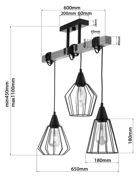 Light for home - Závěsné svítidlo na lankách 20944 "CAMEROON", 3x60W, E27, černá, přírodní olše