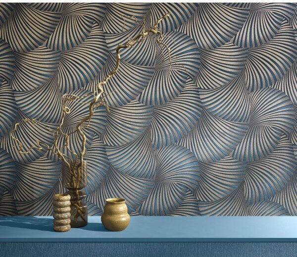 Vliesové tapety na zeď GMK Fashion for walls 5 10525-08, rozměr 10,05 m x 0,53 m, 3D twill zlatý na modrém podkladu, Erismann