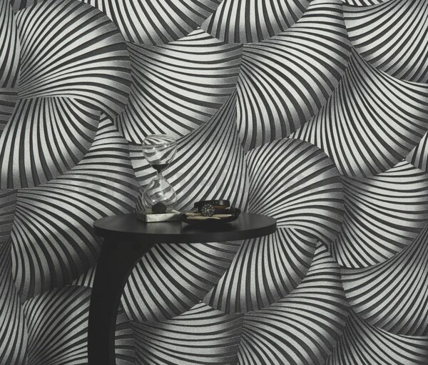Vliesové tapety na zeď GMK Fashion for walls 5 10525-29, rozměr 10,05 m x 0,53 m, 3D twill stříbrný na černém podkladu, Erismann